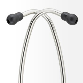 Cevi slušalica 3M Littmann stetoskopa od sjajnog aluminijuma koje se simetrično ukrštaju sa crnim olivama na krajevima.