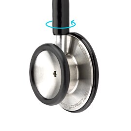 Nastavak za grudni koš 3M Littmann Classic III stetoskopa sa cijan plavom strelicom koja označava okretanje nastavka za grudni koš.