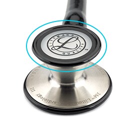 Cijan plavi prsten koji naznačava podesivu membranu kojom je zatvoreno zvono 3M Littmann Cardiology III stetoskopa.